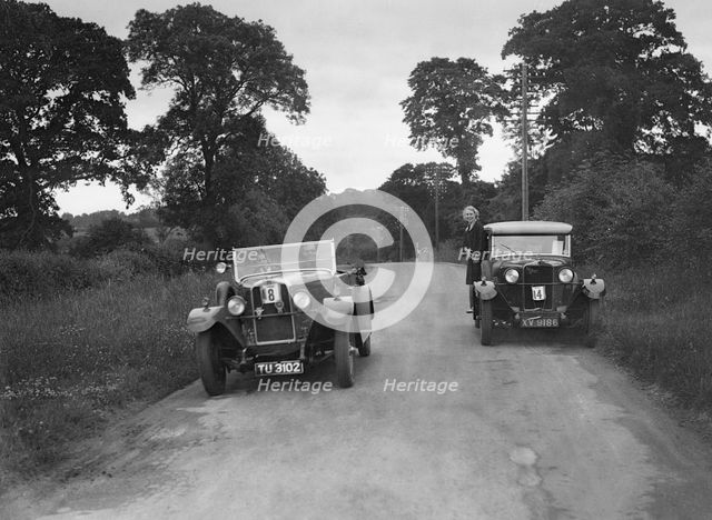 Talbot 18/55 4-seater and Kitty Brunell's Talbot 14/45 saloon at the JCC Inter-Centre Rally, 1932. Artist: Bill Brunell.
