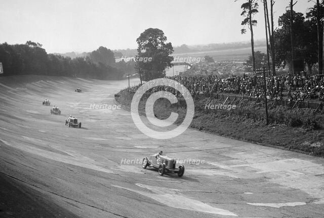 Talbot 90 on the banking at Brooklands, 1930s. Artist: Bill Brunell.
