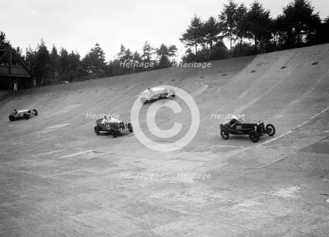 Talbot, Lagonda and Invicta racing on the Members Banking at Brooklands. Artist: Bill Brunell.
