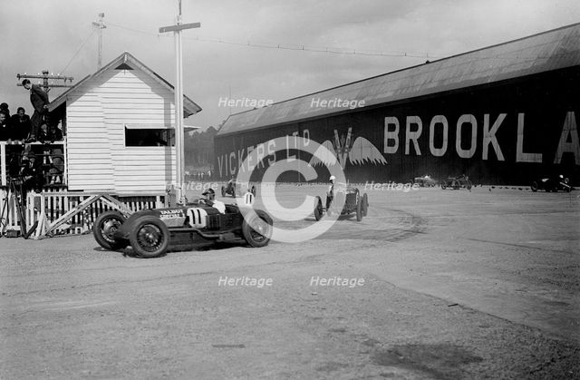 Talbot Special of Henry Segrave leading a Bugatti, JCC 200 Mile Race, Brooklands, 1926. Artist: Bill Brunell.