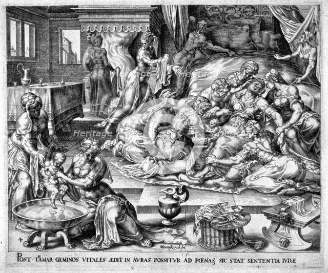 Tamar giving birth to Pharez and Sarah, 16th century. Creator: Unknown.