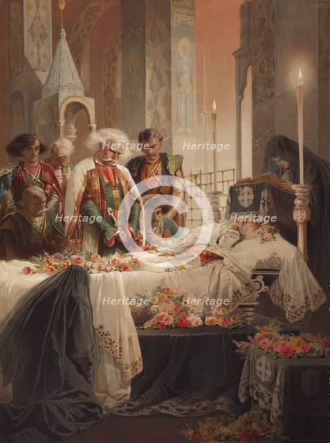Tamara in the coffin. Illustration to the poem The Demon by Mikhail Lermontov, c. 1880. Artist: Zichy, Mihály (1827-1906)