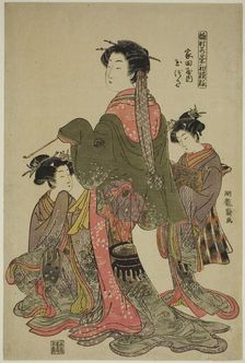 Tamazusa of Iedaya, from the series "Models for Fashion: New Designs as Fresh as..., c. 1776. Creator: Isoda Koryusai