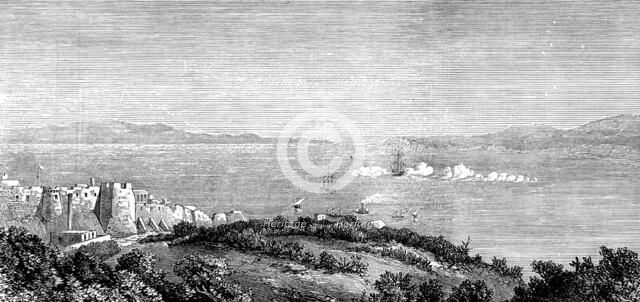 Tangier Bay, Morocco: H.M.S. Aurora firing a salute in honour of the new emperor, 1873. Creator: Unknown.