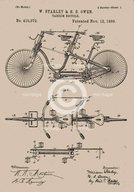 Tandem Bicycle 1889 Patent, 1889. Creator: W. Starley & H. S. Owen.