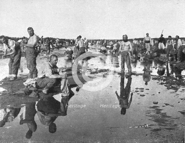 'Tandis que;..et d'autres se baignent sous un chaud soleil, dans l'oued Djedi, pres..., 1917. Creator: Unknown.