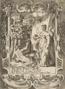 Tantalus at left speaking to Diana at right, set within an elaborate frame, from the L..., 1531-76. Creator: Giulio Bonasone