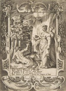 Tantalus at left speaking to Diana at right, set within an elaborate frame, from the L..., 1531-76. Creator: Giulio Bonasone