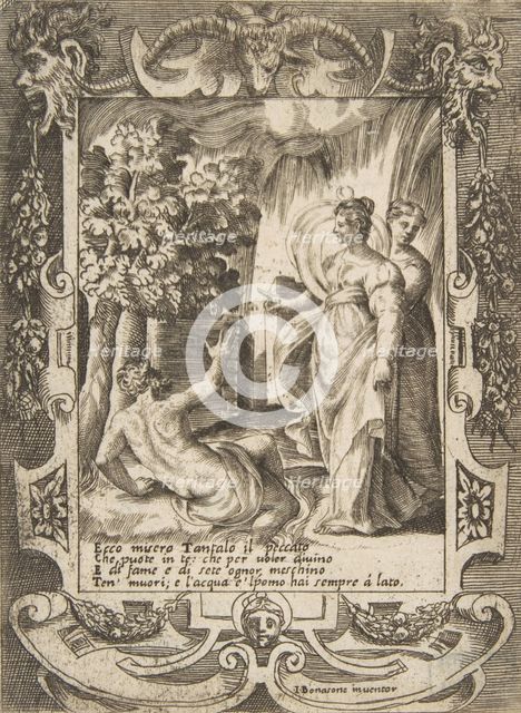 Tantalus at left speaking to Diana at right, set within an elaborate frame, from the 'L..., 1531-76. Creator: Giulio Bonasone.