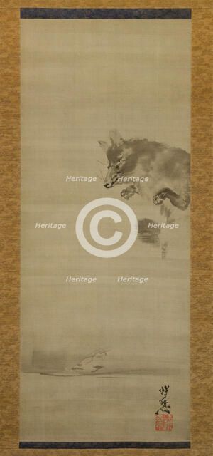 Tanuki (Racoon Dog) Viewing Its Reflection in Water, late 19th century. Creator: Kawanabe Kyosai.