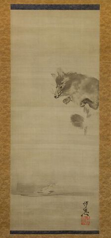 Tanuki (Racoon Dog) Viewing Its Reflection in Water, late 19th century. Creator: Kawanabe Kyosai