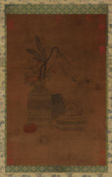 Tapestry: a bowl, two jars, flowers, and fruit, Possibly Ming dynasty, 1368-1644. Creator: Unknown