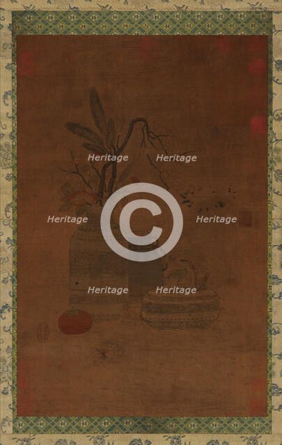 Tapestry: a bowl, two jars, flowers, and fruit, Possibly Ming dynasty, 1368-1644. Creator: Unknown.