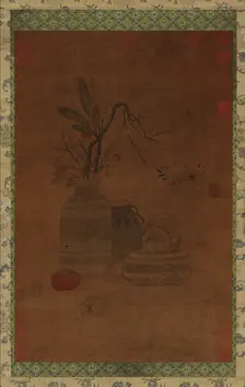 Tapestry: a bowl, two jars, flowers, and fruit, Possibly Ming dynasty, 1368-1644. Creator: Unknown