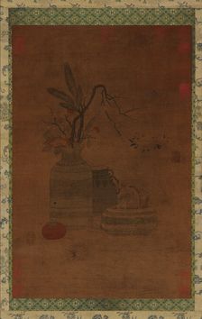 Tapestry: a bowl, two jars, flowers, and fruit, Possibly Ming dynasty, 1368-1644. Creator: Unknown