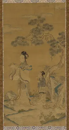 Tapestry: a Daoist female Immortal and attendant under a pine, Ming dynasty, 1368-1644. Creator: Unknown
