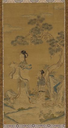 Tapestry: a Daoist female Immortal and attendant under a pine, Ming dynasty, 1368-1644. Creator: Unknown
