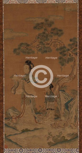 Tapestry: a Daoist female Immortal and attendant under a pine, Ming dynasty, 1368-1644. Creator: Unknown.