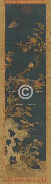 Tapestry: birds, peach-tree, rocks, and flowers on a blue ground, Qing dynasty, 1644-1911. Creator: Unknown.
