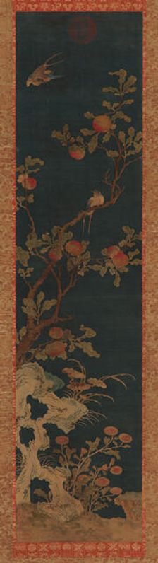 Tapestry: birds, peach-tree, rocks, and flowers on a blue ground, Qing dynasty, 1644-1911. Creator: Unknown