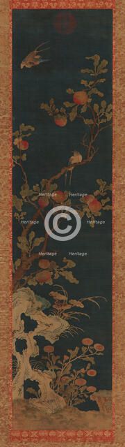 Tapestry: birds, peach-tree, rocks, and flowers on a blue ground, Qing dynasty, 1644-1911. Creator: Unknown.