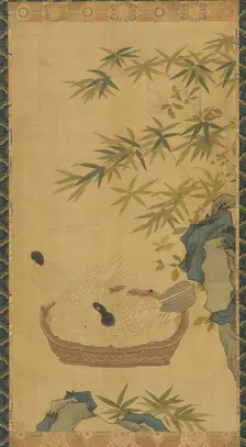 Tapestry: doves bathing in a bowl; rocks and bamboos, Possibly Ming dynasty, 1368-1644. Creator: Unknown