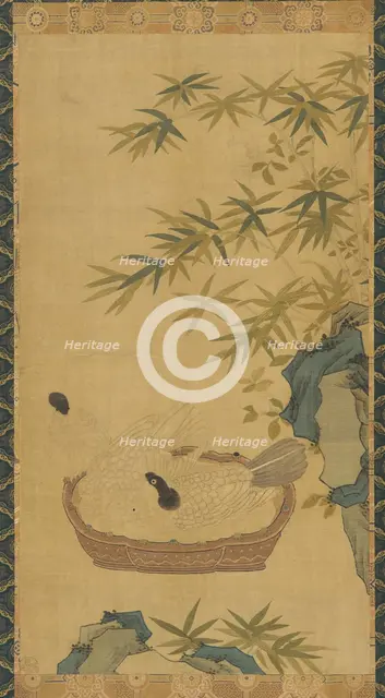 Tapestry: doves bathing in a bowl; rocks and bamboos, Possibly Ming dynasty, 1368-1644. Creator: Unknown.
