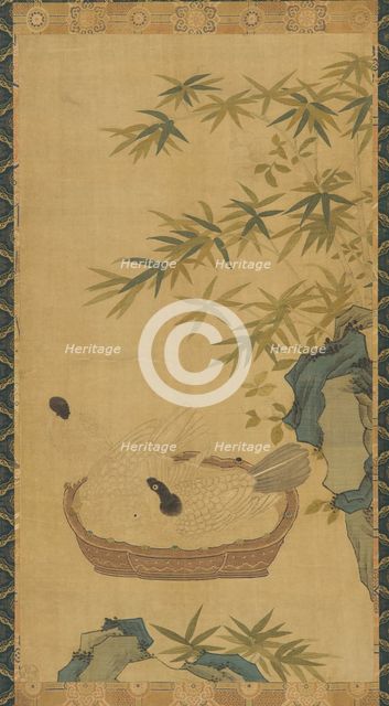 Tapestry: doves bathing in a bowl; rocks and bamboos, Possibly Ming dynasty, 1368-1644. Creator: Unknown.