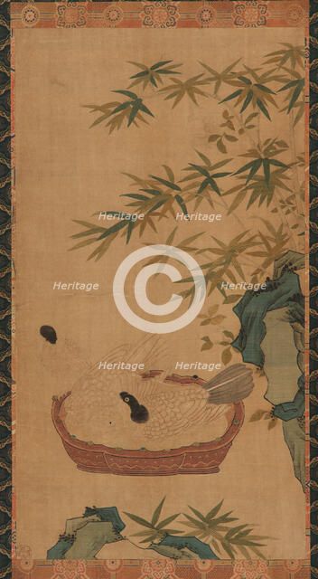 Tapestry: doves bathing in a bowl; rocks and bamboos, Possibly Ming dynasty, 1368-1644. Creator: Unknown.