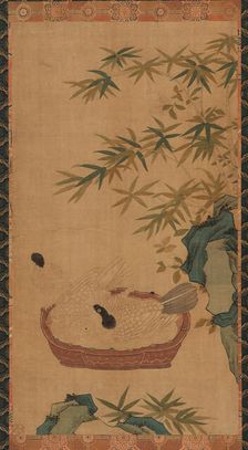 Tapestry: doves bathing in a bowl; rocks and bamboos, Possibly Ming dynasty, 1368-1644. Creator: Unknown