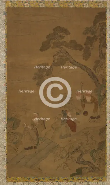 Tapestry: five sages in a garden under pines, Ming dynasty to Qing dynasty, 1368-1911. Creator: Unknown.