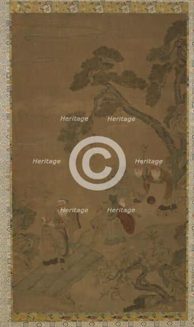 Tapestry: five sages in a garden under pines, Ming dynasty to Qing dynasty, 1368-1911. Creator: Unknown.