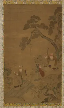 Tapestry: five sages in a garden under pines, Ming dynasty to Qing dynasty, 1368-1911. Creator: Unknown