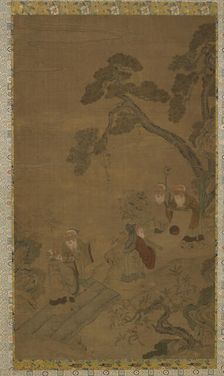 Tapestry: five sages in a garden under pines, Ming dynasty to Qing dynasty, 1368-1911. Creator: Unknown