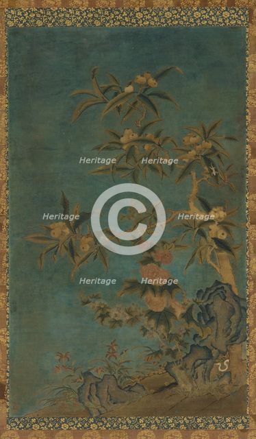 Tapestry: fruit trees and hollyhocks, Ming dynasty, 1368-1644. Creator: Unknown.