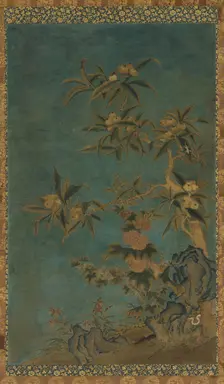 Tapestry: fruit trees and hollyhocks, Ming dynasty, 1368-1644. Creator: Unknown
