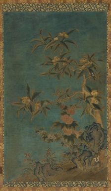Tapestry: fruit trees and hollyhocks, Ming dynasty, 1368-1644. Creator: Unknown