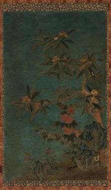 Tapestry: fruit trees and hollyhocks, Ming dynasty, 1368-1644. Creator: Unknown