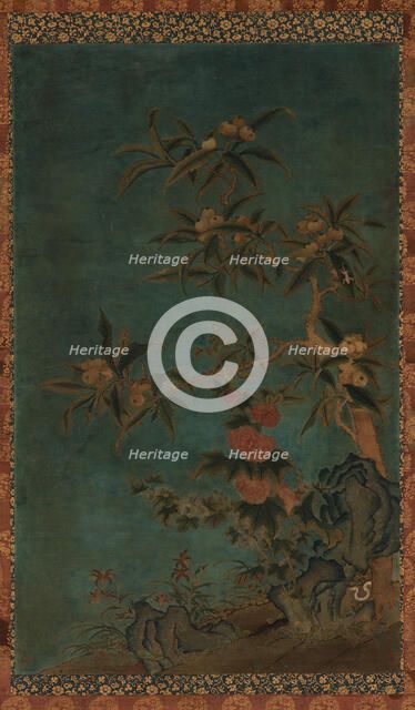 Tapestry: fruit trees and hollyhocks, Ming dynasty, 1368-1644. Creator: Unknown.