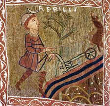 Tapestry of Creation, detail of April man plowing 11st century
