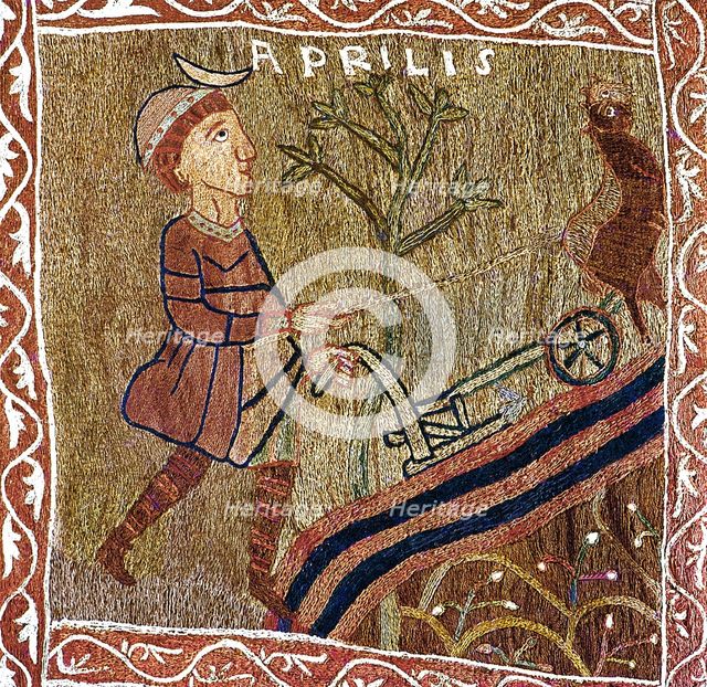 Tapestry of Creation, detail of April 'man plowing' 11st century.