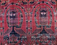 Tapestry of Las Brujas silk fabric decorated with alternating monsters and..., 12th century. Creator: Unknown