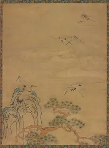 Tapestry with cranes, rocks, pines, and clouds, Ming dynasty, 1368-1644. Creator: Unknown