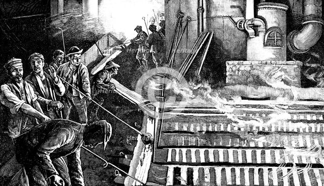 Tapping a blast furnace and casting iron into pigs, c1900. Creator: Anon.