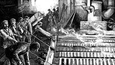 Tapping a blast furnace and casting iron into pigs, c1900. Creator: Anon