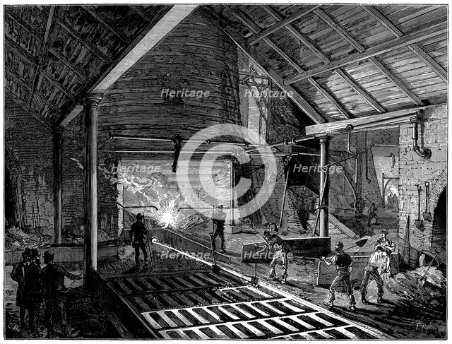 Tapping a blast furnace and running molten iron into the 'pigs', c1885. Creator: Unknown.