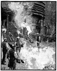 Tapping blast furnace, and casting iron into pigs, Siemens iron and steel works, Wales, 1885