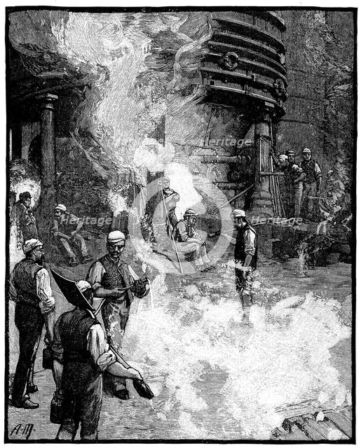 Tapping blast furnace, and casting iron into pigs, Siemens iron and steel works, Wales, 1885. Artist: Unknown