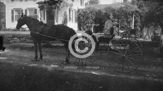 Tarbell, Ida, Miss, with dog, in a horse-drawn wagon, 1912 or 1913. Creator: Arnold Genthe.