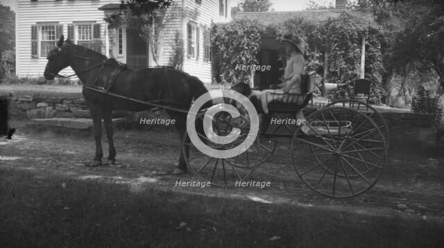 Tarbell, Ida, Miss, with dog, in a horse-drawn wagon, 1912 or 1913. Creator: Arnold Genthe.